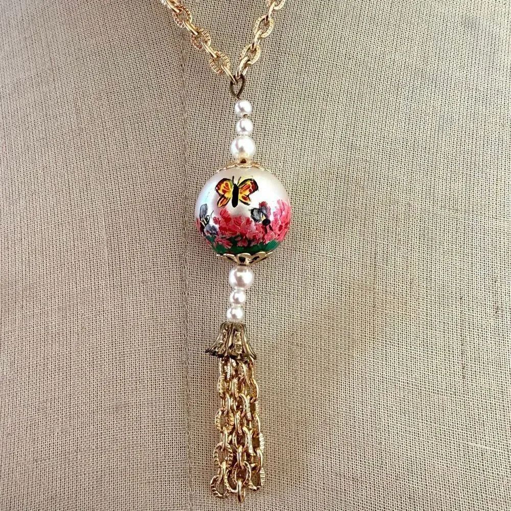 Hand-Painted Bee & Butterfly Pearl  tassel Drop Necklace